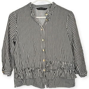 Zara Basic Black  & White Gold Cream Button Down Front Ruffle Top Women Small